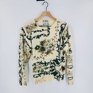 Vintage La Mattini Embellished‎ Floral Sweater Cream Green Beaded Knit Size S